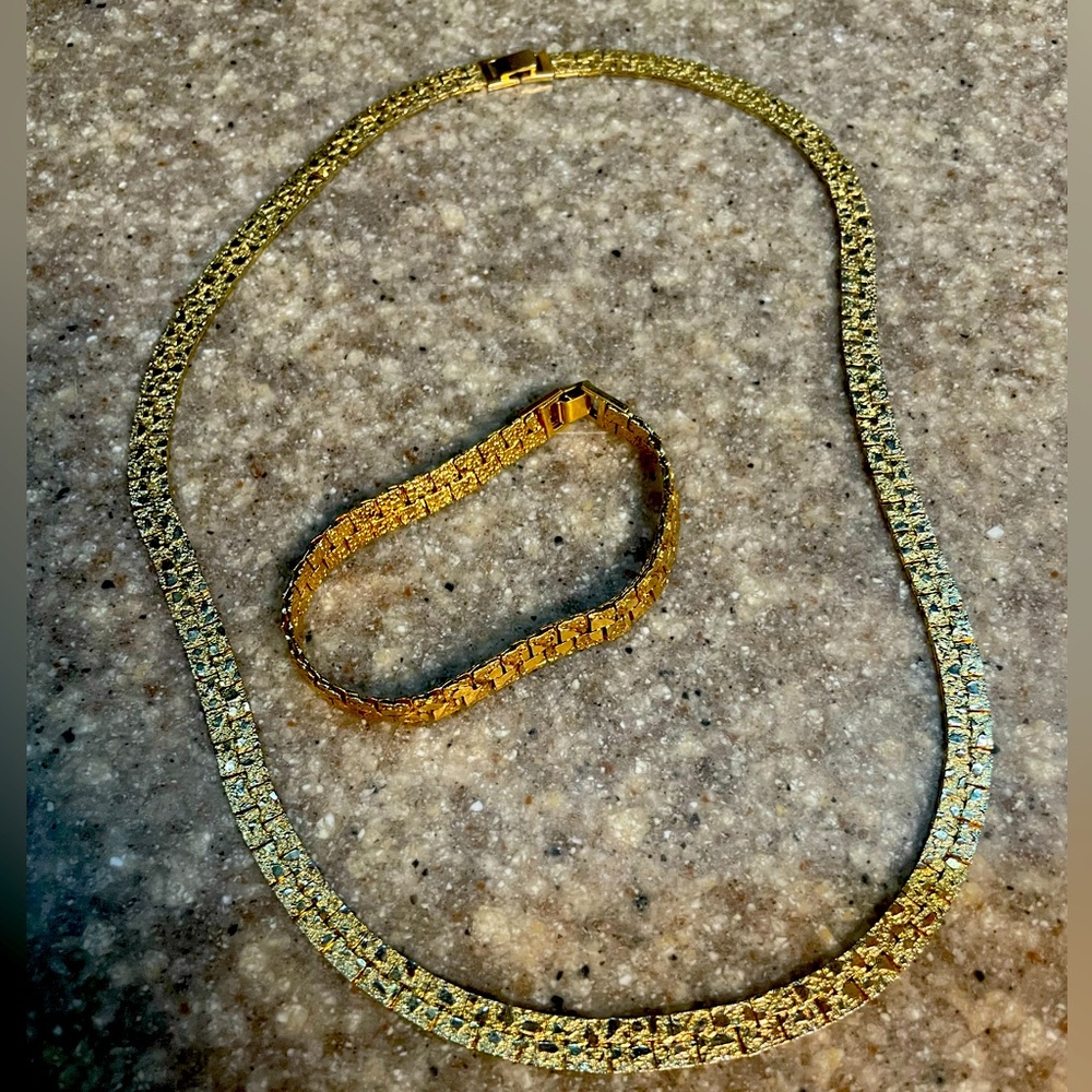 Vintage Gold tone SET Nugget 24”Necklace & 8in Bracelet, 1970s Made in‎ Korea